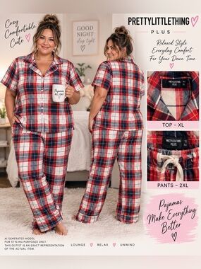 PRETTYLITTLETHING Plus Plaid Pajama Set XL Top 2XL Pants NWT